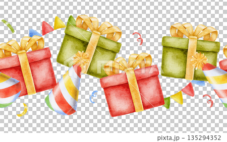 seamless watercolor multi colored border with red, green, yellow random placed gift box and garland. perfect for Birthday party decor, wrapping, nursery wallpaper or fabric. Hand drawn painting 135294352