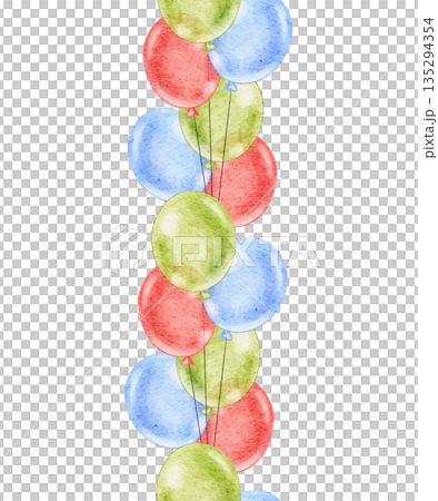 Baby border with round Balloons in bright green, red and blue colors. Seamless Pattern for Nursery wall art or childish greeting cards and holiday invitations. Ornament for kids wallpaper Baby border with round Balloons in bright green, red and blue colors. Seamless Pattern for Nursery wall art or childish greeting cards and holiday invitations. Ornament for kids wallpaper 135294354