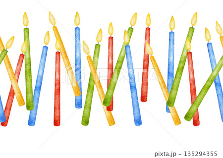 Watercolor seamless multi colored red, blue, yellow and green border with chaotically directed row of burning candles. For Birthday decor, party event 135294355