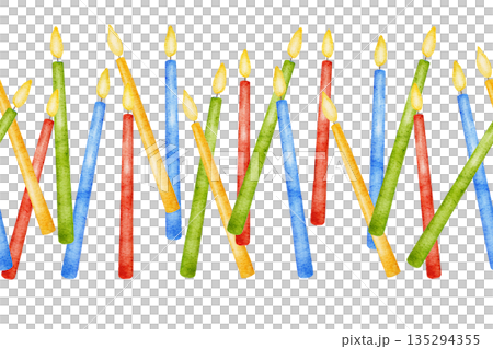 Watercolor seamless multi colored red, blue, yellow and green border with chaotically directed row of burning candles. For Birthday decor, party event Watercolor seamless multi colored red, blue, yellow and green border with chaotically directed row of burning candles. For Birthday decor, party event 135294355