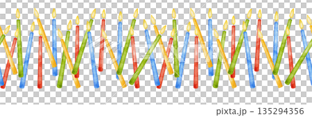 Watercolor seamless multi colored red, blue, yellow and green border with chaotically directed row of burning candles. For Birthday decor, party event Watercolor seamless multi colored red, blue, yellow and green border with chaotically directed row of burning candles. For Birthday decor, party event 135294356