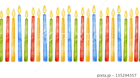 Watercolor seamless multi colored red, blue, yellow and green border with straight row of burning candles. For Birthday decor, party event Watercolor seamless multi colored red, blue, yellow and green border with straight row of burning candles. For Birthday decor, party event 135294357