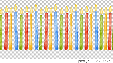 Watercolor seamless multi colored red, blue, yellow and green border with straight row of burning candles. For Birthday decor, party event Watercolor seamless multi colored red, blue, yellow and green border with straight row of burning candles. For Birthday decor, party event 135294357