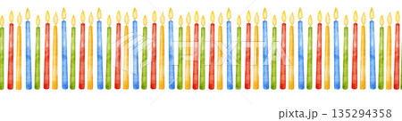 Watercolor seamless multi colored red, blue, yellow and green border with straight row of burning candles. For Birthday decor, party event Watercolor seamless multi colored red, blue, yellow and green border with straight row of burning candles. For Birthday decor, party event 135294358