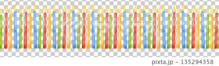 Watercolor seamless multi colored red, blue, yellow and green border with straight row of burning candles. For Birthday decor, party event Watercolor seamless multi colored red, blue, yellow and green border with straight row of burning candles. For Birthday decor, party event 135294358