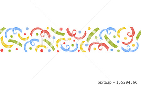 Confetti seamless watercolor multi colored border with red, green, yellow and blue random dots and ribbons. perfect for Birthday party decor, wrapping, nursery wallpaper or fabric. Hand drawn painting 135294360