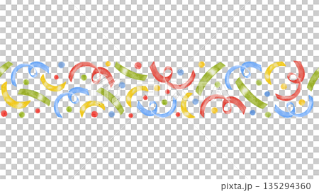 Confetti seamless watercolor multi colored border with red, green, yellow and blue random dots and ribbons. perfect for Birthday party decor, wrapping, nursery wallpaper or fabric. Hand drawn painting 135294360