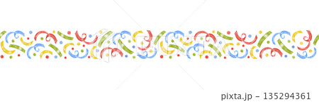 Confetti seamless watercolor multi colored border with red, green, yellow and blue random dots and ribbons. perfect for Birthday party decor, wrapping, nursery wallpaper or fabric. Hand drawn painting Confetti seamless watercolor multi colored border with red, green, yellow and blue random dots and ribbons. perfect for Birthday party decor, wrapping, nursery wallpaper or fabric. Hand drawn painting 135294361