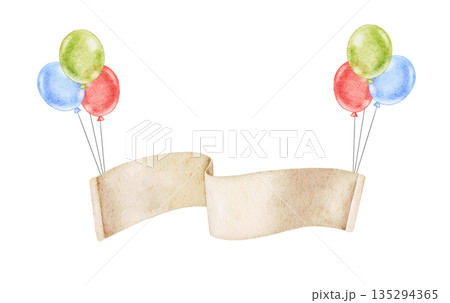 Composition of Paper banner with colorful green, blue and red balloons, watercolor illustration for name or text isolated on white. For event invitation, baby shower, birthday decor Composition of Paper banner with colorful green, blue and red balloons, watercolor illustration for name or text isolated on white. For event invitation, baby shower, birthday decor 135294365