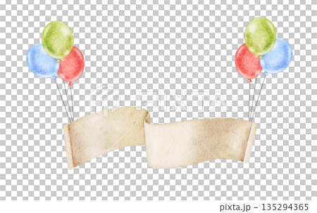 Composition of Paper banner with colorful green, blue and red balloons, watercolor illustration for name or text isolated on white. For event invitation, baby shower, birthday decor Composition of Paper banner with colorful green, blue and red balloons, watercolor illustration for name or text isolated on white. For event invitation, baby shower, birthday decor 135294365