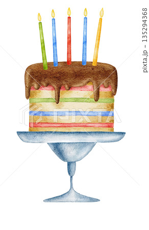 Watercolor rainbow cake on a stand with chocolate topping and colorful red, green, blue and yellow burning candles, isolated on white Birthday illustration, party event 135294368