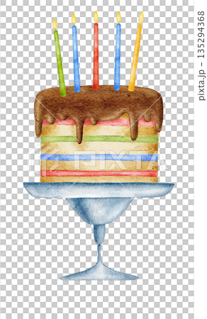 Watercolor rainbow cake on a stand with chocolate topping and colorful red, green, blue and yellow burning candles, isolated on white Birthday illustration, party event 135294368