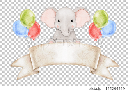Watercolor illustration of cute baby Elephant with colorful red, blue and green balloons and paper banner, place for text or name. For Birthday decor, baby shower, greeting cards Watercolor illustration of cute baby Elephant with colorful red, blue and green balloons and paper banner, place for text or name. For Birthday decor, baby shower, greeting cards 135294369