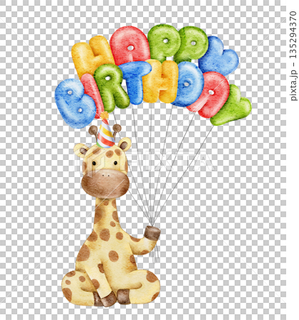 illustration with watercolor giraffe holding inflated multicolored text Happy Birthday, balloons. For baby shower, invitations, greeting cards, stickers 135294370