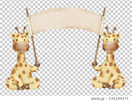 Composition with two watercolor giraffes holding an empty paper plate, banner with space for text or name. For baby shower, invitations, greeting cards, stickers, welcome design 135294371