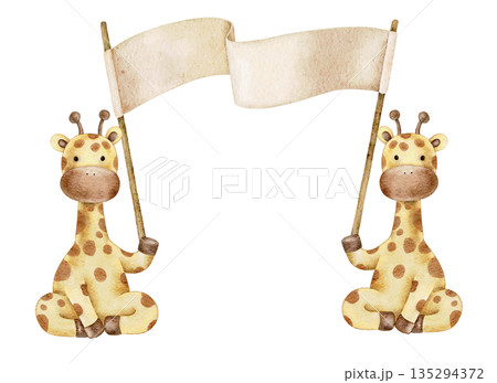 Composition with two watercolor giraffes holding an empty paper plate, banner with space for text or name. For baby shower, invitations, greeting cards, stickers, welcome design 135294372
