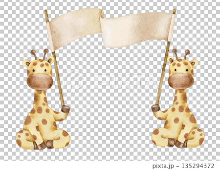 Composition with two watercolor giraffes holding an empty paper plate, banner with space for text or name. For baby shower, invitations, greeting cards, stickers, welcome design 135294372