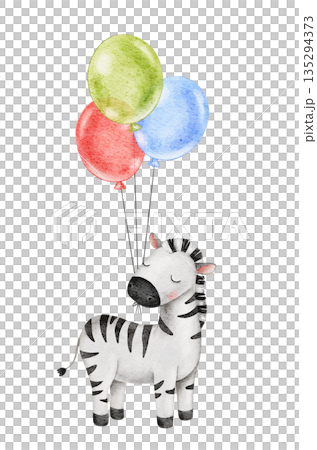 Watercolor cute zebra, celebrating animals, holding colorful bright balloons. Great for baby shower, birthday or party event decoration Watercolor cute zebra, celebrating animals, holding colorful bright balloons. Great for baby shower, birthday or party event decoration 135294373