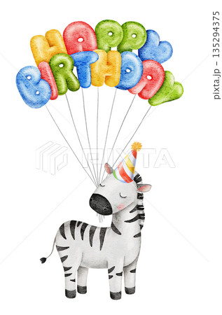 Watercolor cute zebra in party hat, celebrating animals, holding colorful bright balloons, inflated text Happy Birthday. Great for baby shower, birthday or party event decoration Watercolor cute zebra in party hat, celebrating animals, holding colorful bright balloons, inflated text Happy Birthday. Great for baby shower, birthday or party event decoration 135294375
