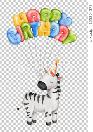 Watercolor cute zebra in party hat, celebrating animals, holding colorful bright balloons, inflated text Happy Birthday. Great for baby shower, birthday or party event decoration 135294375