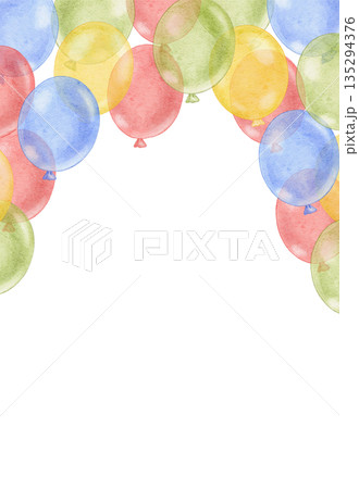 Colorful frame with watercolor balloons, confetti and copy space. Perfect for birthday greeting card decor, postcard, event invitation, childish event decor 135294376