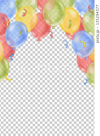 Colorful frame with watercolor balloons, confetti and copy space. Perfect for birthday greeting card decor, postcard, event invitation, childish event decor Colorful frame with watercolor balloons, confetti and copy space. Perfect for birthday greeting card decor, postcard, event invitation, childish event decor 135294377