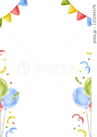 Vertical Birthday watercolor frame, template for greeting card, colorful balloons in green, red and blue colors, garland and confetti. Hand drawn cute border for invitation, postcard, event decor 135294378