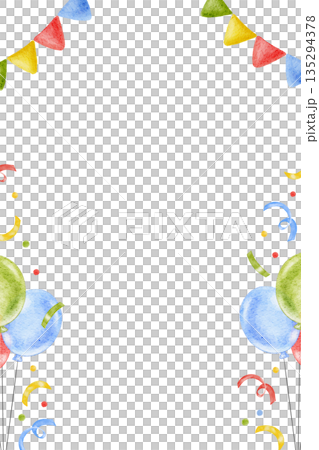 Vertical Birthday watercolor frame, template for greeting card, colorful balloons in green, red and blue colors, garland and confetti. Hand drawn cute border for invitation, postcard, event decor 135294378
