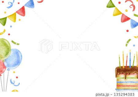 Watercolor cute hand drawn horizontal frame for Happy Birthday decor, celebrating, chocolate rainbow cake, confetti, party vibe. For invitations, greeting card, banner 135294383