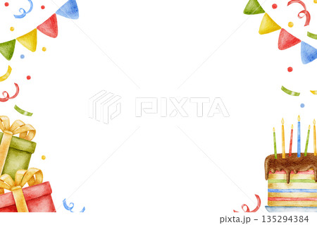 Watercolor cute hand drawn horizontal frame for Birthday decor, celebrating confetti, party vibe. For invitations, greeting card, banner with copy space template 135294384