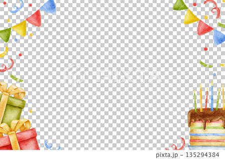Watercolor cute hand drawn horizontal frame for Birthday decor, celebrating confetti, party vibe. For invitations, greeting card, banner with copy space template 135294384