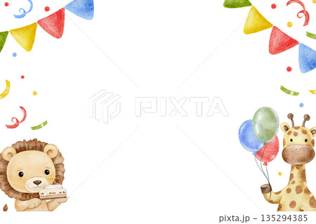 Watercolor cute hand drawn horizontal frame for Birthday decor, celebrating safari animals zebra and giraffe, confetti, party vibe. For invitations, greeting card, banner Watercolor cute hand drawn horizontal frame for Birthday decor, celebrating safari animals zebra and giraffe, confetti, party vibe. For invitations, greeting card, banner 135294385