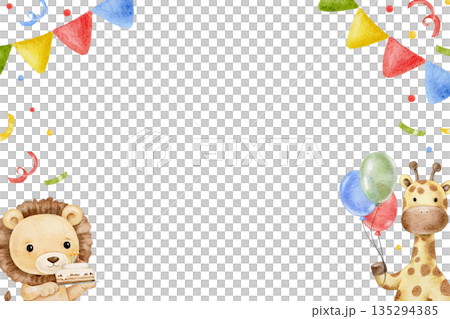 Watercolor cute hand drawn horizontal frame for Birthday decor, celebrating safari animals zebra and giraffe, confetti, party vibe. For invitations, greeting card, banner Watercolor cute hand drawn horizontal frame for Birthday decor, celebrating safari animals zebra and giraffe, confetti, party vibe. For invitations, greeting card, banner 135294385