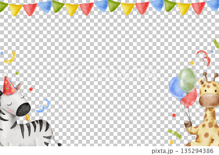 Watercolor cute hand drawn horizontal frame for Birthday decor, celebrating safari animals zebra and giraffe, confetti, party vibe. For invitations, greeting card, banner happy birthday template Watercolor cute hand drawn horizontal frame for Birthday decor, celebrating safari animals zebra and giraffe, confetti, party vibe. For invitations, greeting card, banner happy birthday template 135294386