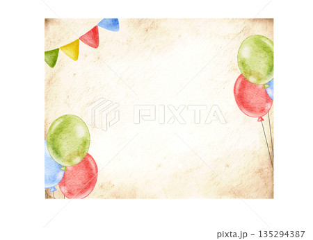 Happy Birthday template with copy space, watercolor bright colorful painting with balloons, garland on beige paper plate banner. Part of series. 135294387