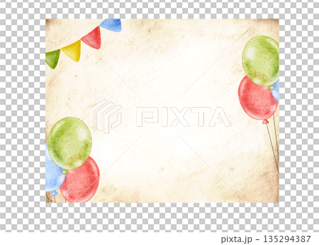 Happy Birthday template with copy space, watercolor bright colorful painting with balloons, garland on beige paper plate banner. Part of series. 135294387