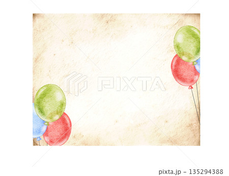 Happy Birthday template with copy space, watercolor bright colorful painting with balloons, garland on beige paper plate banner. Part of series. 135294388
