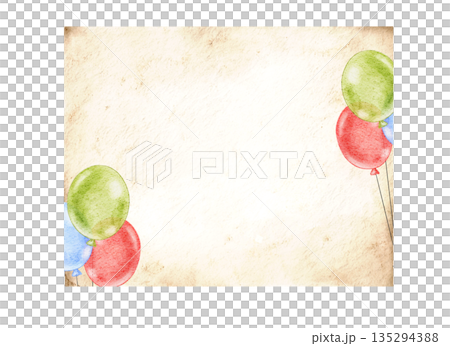 Happy Birthday template with copy space, watercolor bright colorful painting with balloons, garland on beige paper plate banner. Part of series. 135294388