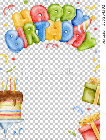 Vertical Happy Birthday watercolor frame, template for greeting card, colorful gifts, congratulation lettering, cake and confetti. Hand drawn cute border for invitation, postcard, event decor Vertical Happy Birthday watercolor frame, template for greeting card, colorful gifts, congratulation lettering, cake and confetti. Hand drawn cute border for invitation, postcard, event decor 135294392
