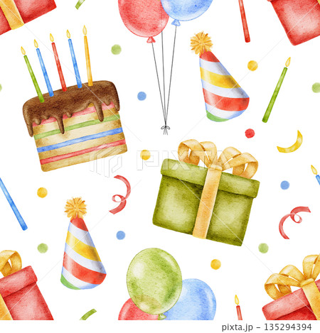 Seamless watercolor Birthday pattern with multi colored gift boxes, rainbow cake, party hats, red, green and yellow balloons and confetti. Perfect for Birthday decor, wrapping paper, fabric printing. 135294394