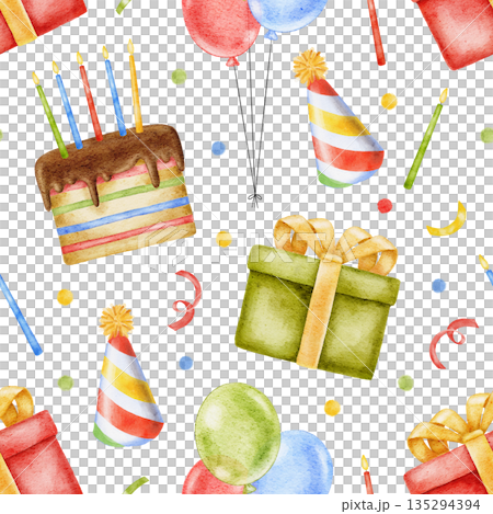 Seamless watercolor Birthday pattern with multi colored gift boxes, rainbow cake, party hats, red, green and yellow balloons and confetti. Perfect for Birthday decor, wrapping paper, fabric printing. 135294394