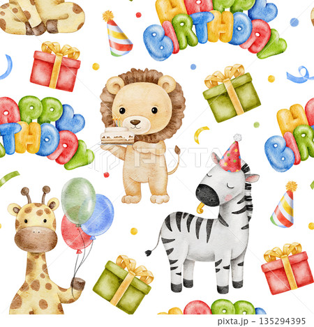 Seamless watercolor Happy Birthday pattern with gift boxes, celebrating animals, party hats, red, green and yellow balloons and confetti. For Birthday decoration, wrapping paper, fabric printing. 135294395
