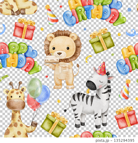 Seamless watercolor Happy Birthday pattern with gift boxes, celebrating animals, party hats, red, green and yellow balloons and confetti. For Birthday decoration, wrapping paper, fabric printing. 135294395
