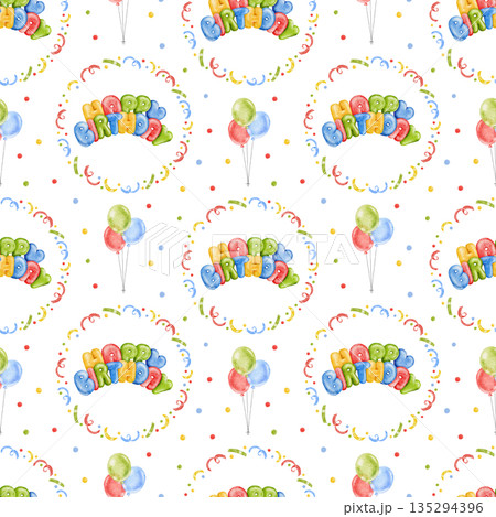 Seamless watercolor Birthday pattern with multi colored gift boxes, rainbow cake, party hats, red, green and yellow balloons and confetti. Perfect for Birthday decor, wrapping paper, fabric printing. Seamless watercolor Birthday pattern with multi colored gift boxes, rainbow cake, party hats, red, green and yellow balloons and confetti. Perfect for Birthday decor, wrapping paper, fabric printing. 135294396