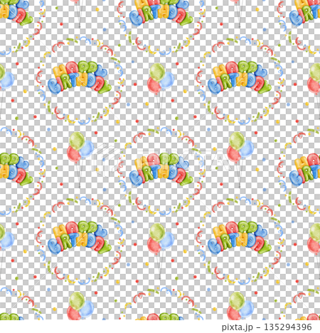 Seamless watercolor Birthday pattern with multi colored gift boxes, rainbow cake, party hats, red, green and yellow balloons and confetti. Perfect for Birthday decor, wrapping paper, fabric printing. Seamless watercolor Birthday pattern with multi colored gift boxes, rainbow cake, party hats, red, green and yellow balloons and confetti. Perfect for Birthday decor, wrapping paper, fabric printing. 135294396