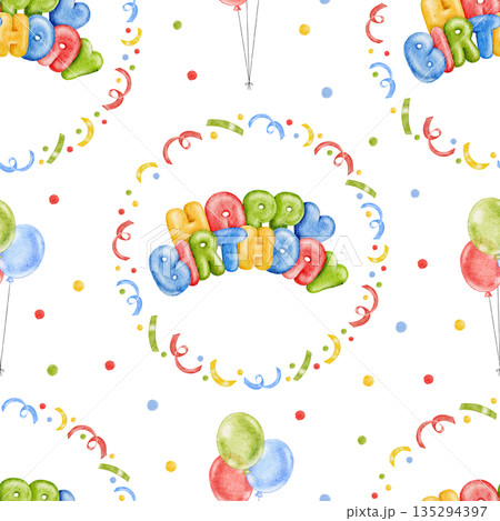 Seamless watercolor Birthday pattern with multi colored gift boxes, rainbow cake, party hats, red, green and yellow balloons and confetti. Perfect for Birthday decor, wrapping paper, fabric printing. 135294397