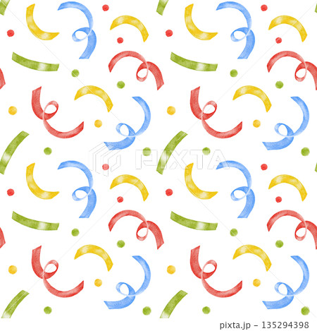 Seamless ornamental watercolor Birthday party pattern with multi colored red, green and yellow minimal dots and confetti. Perfect for Birthday decoration, wrapping paper, fabric printing. 135294398
