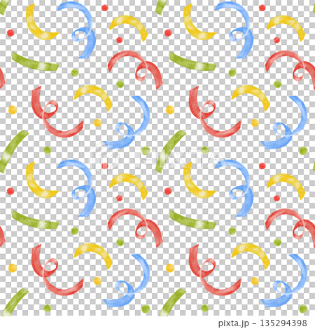 Seamless ornamental watercolor Birthday party pattern with multi colored red, green and yellow minimal dots and confetti. Perfect for Birthday decoration, wrapping paper, fabric printing. 135294398