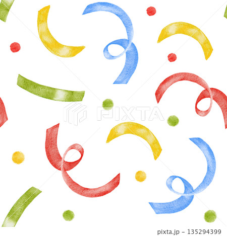 Seamless ornamental watercolor Birthday party pattern with multi colored red, green and yellow minimal dots and confetti. Perfect for Birthday decoration, wrapping paper, fabric printing. Seamless ornamental watercolor Birthday party pattern with multi colored red, green and yellow minimal dots and confetti. Perfect for Birthday decoration, wrapping paper, fabric printing. 135294399