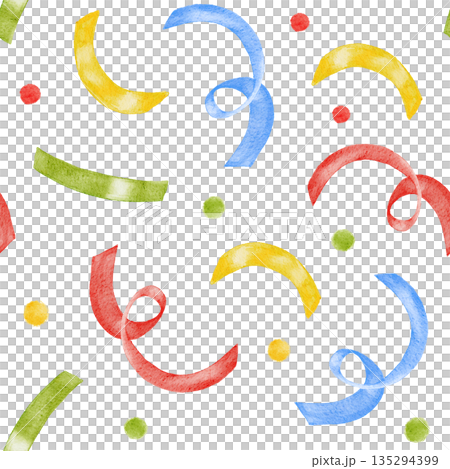 Seamless ornamental watercolor Birthday party pattern with multi colored red, green and yellow minimal dots and confetti. Perfect for Birthday decoration, wrapping paper, fabric printing. Seamless ornamental watercolor Birthday party pattern with multi colored red, green and yellow minimal dots and confetti. Perfect for Birthday decoration, wrapping paper, fabric printing. 135294399